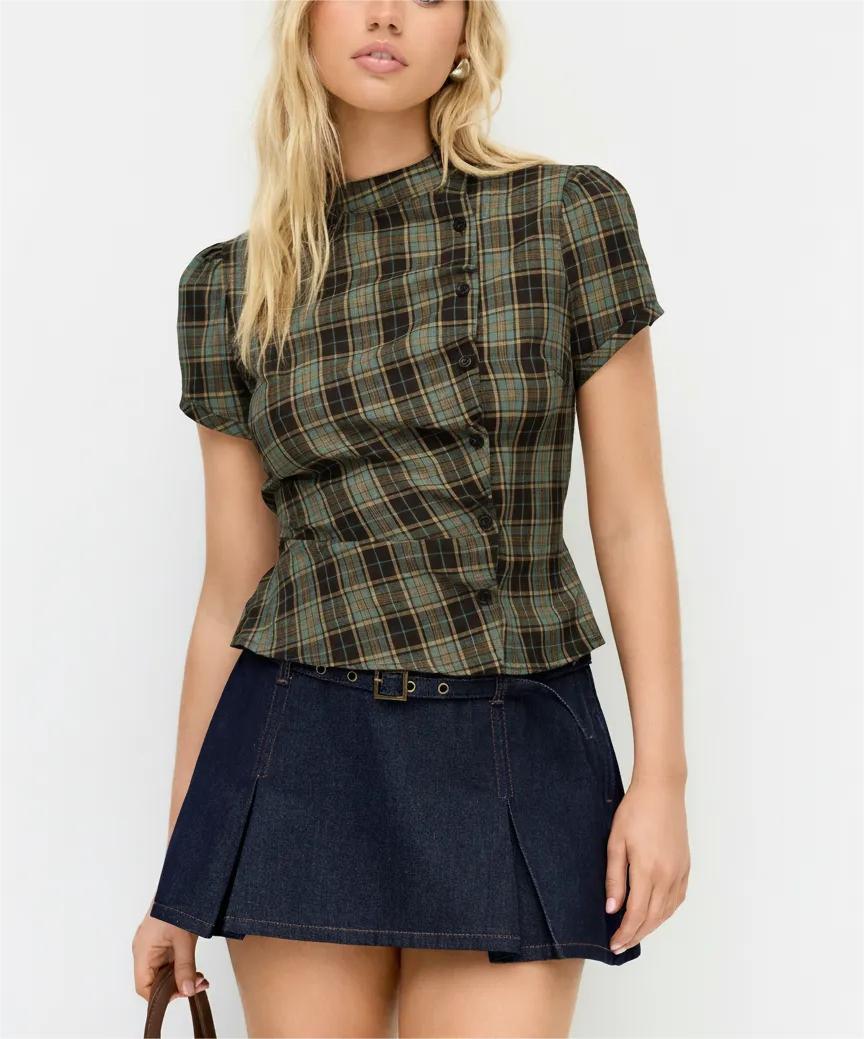 Korean-style Retro Color-block Plaid Stand-collar Short-sleeve Shirt